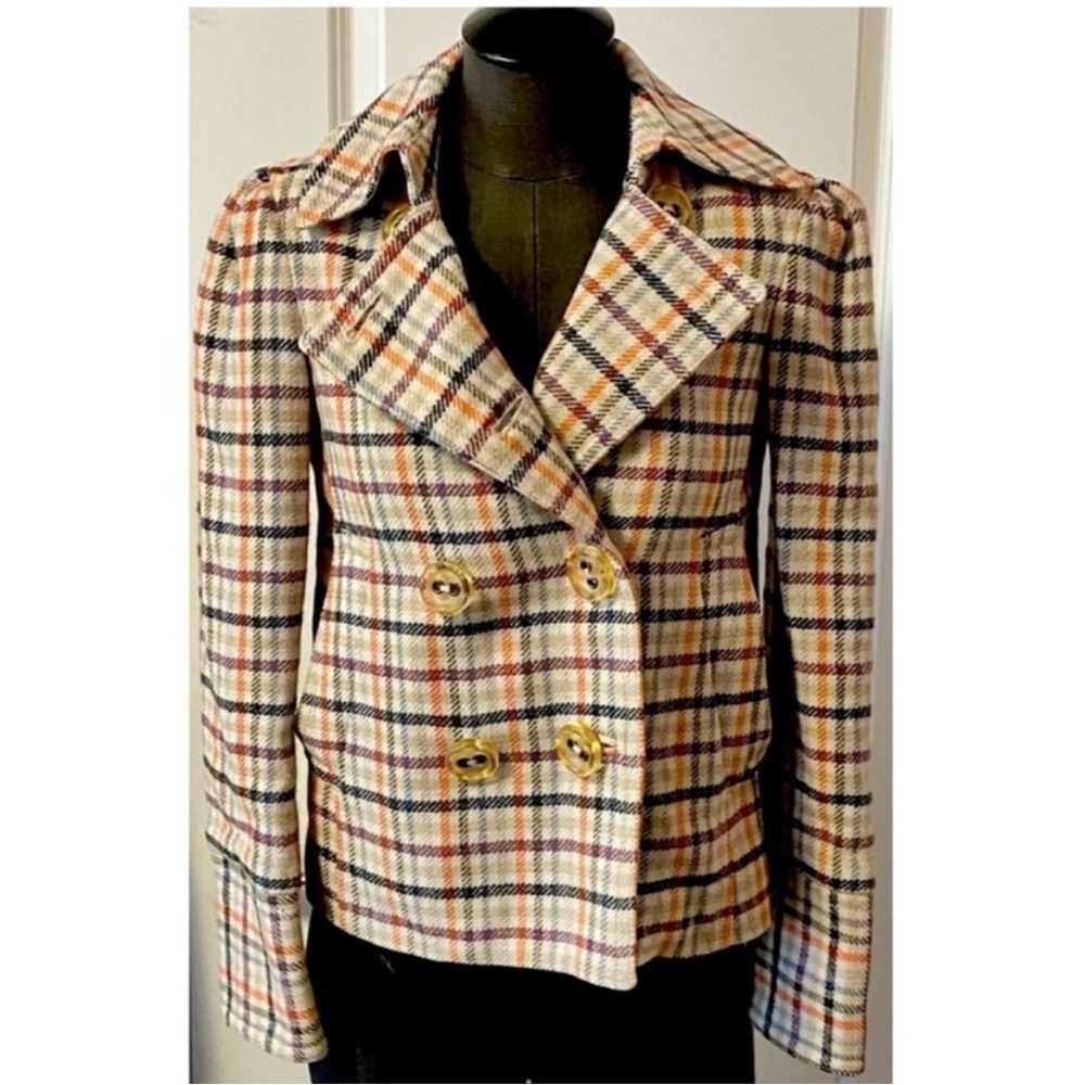 Marc Jacobs LIKE NEW Wool Fitted Pea Coat Plaid Stripe Jacket Size Small 2-4